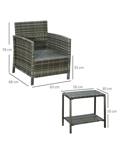 Outsunny 3 Pieces PE Rattan Bistro Set with Armchairs and Two-tier Side Table, Grey