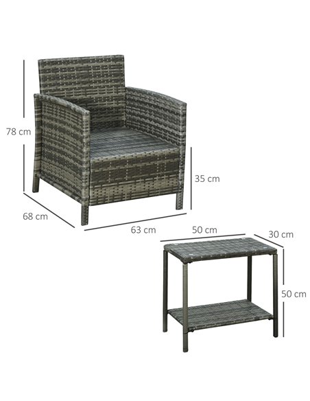 Outsunny 3 Pieces PE Rattan Bistro Set with Armchairs and Two-tier Side Table, Grey - pic 15413 | FastDaddyshop