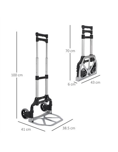 HOMCOM Aluminium Folding Hand Truck Trolley, Heavy Duty Foldable Sack Cart with Adjustable Telescoping Handle, 70KG Load Capacit