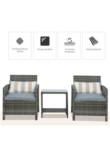 Outsunny 3 Pieces PE Rattan Bistro Set with Armchairs and Two-tier Side Table, Grey