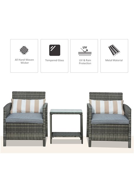 Outsunny 3 Pieces PE Rattan Bistro Set with Armchairs and Two-tier Side Table, Grey - pic 15414 | FastDaddyshop