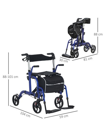 HOMCOM 2 in 1 Wheelchair Transport Chair & Folding Rollator Walker with Seat, Backrest, Footrest, Lightweight Walking Frame with - pic 154205 | FastDaddyshop