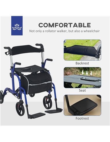 HOMCOM 2 in 1 Wheelchair Transport Chair & Folding Rollator Walker with Seat, Backrest, Footrest, Lightweight Walking Frame with