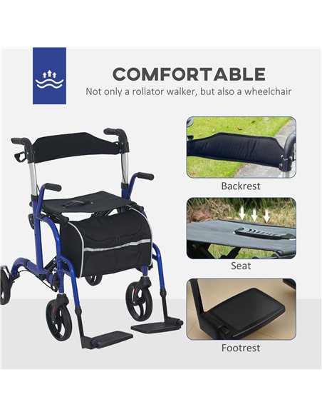 HOMCOM 2 in 1 Wheelchair Transport Chair & Folding Rollator Walker with Seat, Backrest, Footrest, Lightweight Walking Frame with - pic 154206 | FastDaddyshop