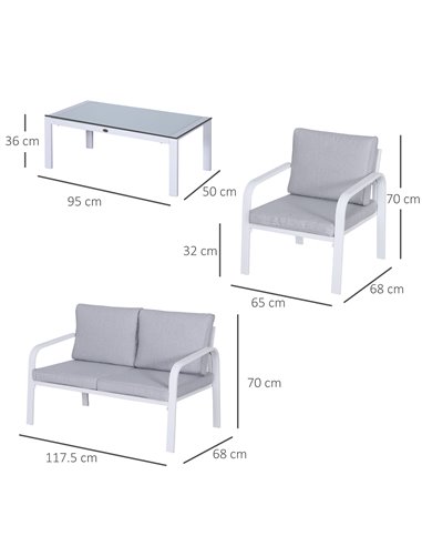 Outsunny 4pcs Garden Sofa Set with 2 Single Armchair, 1 Bench and 1 Coffee Table, White