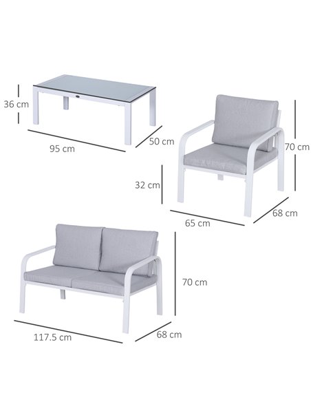 Outsunny 4pcs Garden Sofa Set with 2 Single Armchair, 1 Bench and 1 Coffee Table, White - pic 15421 | FastDaddyshop