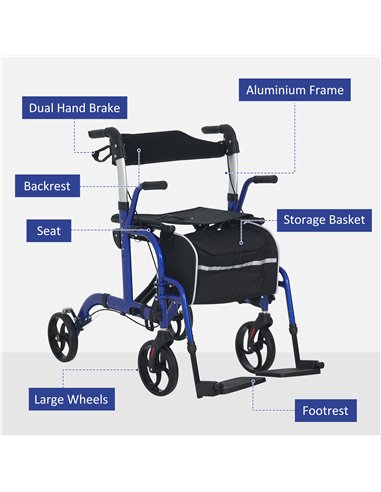 HOMCOM 2 in 1 Wheelchair Transport Chair & Folding Rollator Walker with Seat, Backrest, Footrest, Lightweight Walking Frame with