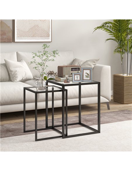 HOMCOM Nesting Tables Set of 2, Side End Table with Tempered Glass Top and Steel Frame for Living Room, Bedroom, Black - pic 154231 | FastDaddyshop
