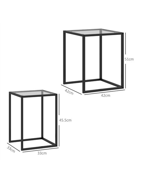 HOMCOM Nesting Tables Set of 2, Side End Table with Tempered Glass Top and Steel Frame for Living Room, Bedroom, Black - pic 154232 | FastDaddyshop