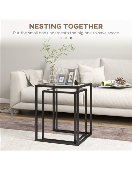 HOMCOM Nesting Tables Set of 2, Side End Table with Tempered Glass Top and Steel Frame for Living Room, Bedroom, Black - pic 154233 | FastDaddyshop