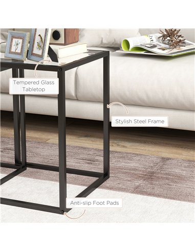HOMCOM Nesting Tables Set of 2, Side End Table with Tempered Glass Top and Steel Frame for Living Room, Bedroom, Black