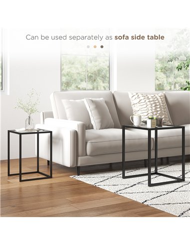 HOMCOM Nesting Tables Set of 2, Side End Table with Tempered Glass Top and Steel Frame for Living Room, Bedroom, Black