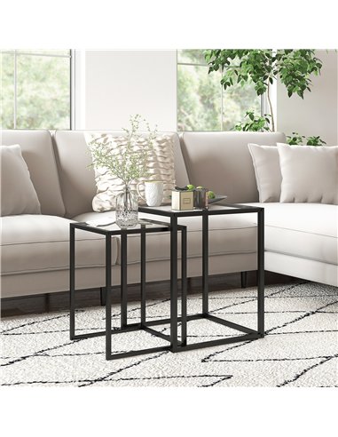 HOMCOM Nesting Tables Set of 2, Side End Table with Tempered Glass Top and Steel Frame for Living Room, Bedroom, Black