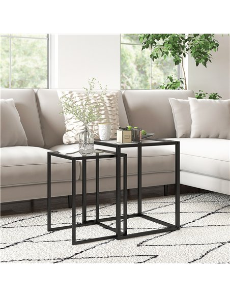 HOMCOM Nesting Tables Set of 2, Side End Table with Tempered Glass Top and Steel Frame for Living Room, Bedroom, Black - pic 154236 | FastDaddyshop