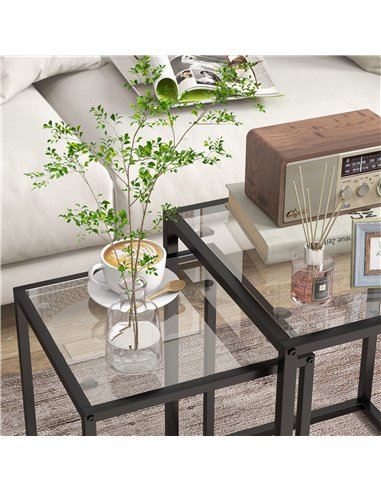 HOMCOM Nesting Tables Set of 2, Side End Table with Tempered Glass Top and Steel Frame for Living Room, Bedroom, Black