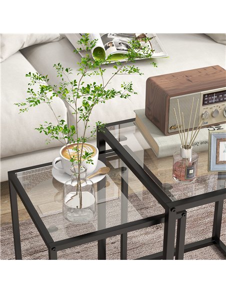 HOMCOM Nesting Tables Set of 2, Side End Table with Tempered Glass Top and Steel Frame for Living Room, Bedroom, Black - pic 154237 | FastDaddyshop