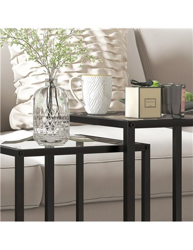 HOMCOM Nesting Tables Set of 2, Side End Table with Tempered Glass Top and Steel Frame for Living Room, Bedroom, Black