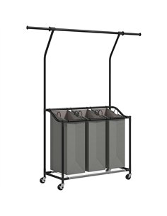 HOMCOM 126L Laundry Sorter, Rolling Wash Basket with Hanging Rail and Mobile 3-Bag Organiser for Bedroom, Bathroom, Laundry Room