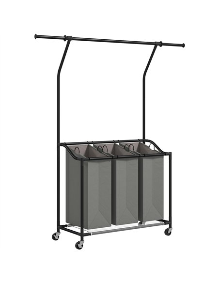 HOMCOM 126L Laundry Sorter, Rolling Wash Basket with Hanging Rail and Mobile 3-Bag Organiser for Bedroom, Bathroom, Laundry Room - pic 154248 | FastDaddyshop