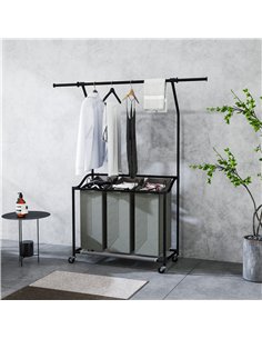 HOMCOM 126L Laundry Sorter, Rolling Wash Basket with Hanging Rail and Mobile 3-Bag Organiser for Bedroom, Bathroom, Laundry Room 2