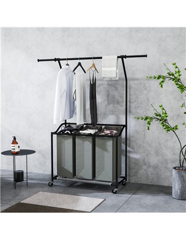 HOMCOM 126L Laundry Sorter, Rolling Wash Basket with Hanging Rail and Mobile 3-Bag Organiser for Bedroom, Bathroom, Laundry Room