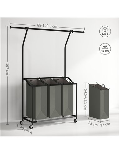 HOMCOM 126L Laundry Sorter, Rolling Wash Basket with Hanging Rail and Mobile 3-Bag Organiser for Bedroom, Bathroom, Laundry Room