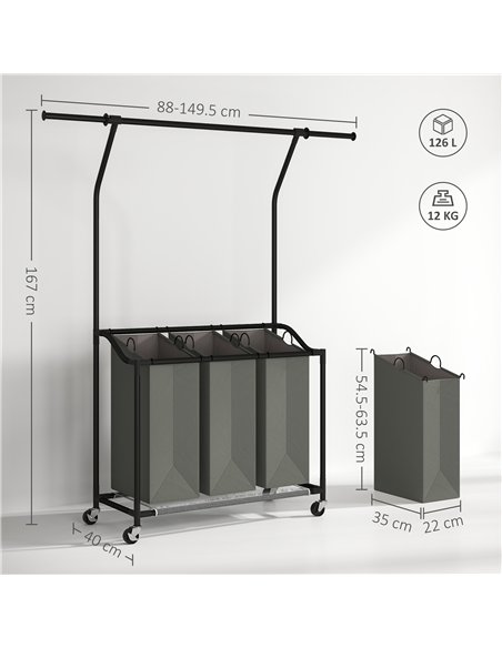 HOMCOM 126L Laundry Sorter, Rolling Wash Basket with Hanging Rail and Mobile 3-Bag Organiser for Bedroom, Bathroom, Laundry Room - pic 154250 | FastDaddyshop