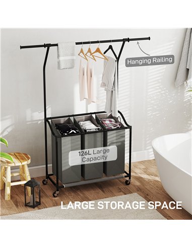 HOMCOM 126L Laundry Sorter, Rolling Wash Basket with Hanging Rail and Mobile 3-Bag Organiser for Bedroom, Bathroom, Laundry Room