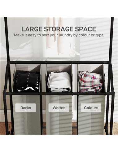 HOMCOM 126L Laundry Sorter, Rolling Wash Basket with Hanging Rail and Mobile 3-Bag Organiser for Bedroom, Bathroom, Laundry Room
