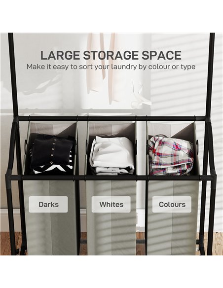 HOMCOM 126L Laundry Sorter, Rolling Wash Basket with Hanging Rail and Mobile 3-Bag Organiser for Bedroom, Bathroom, Laundry Room - pic 154252 | FastDaddyshop