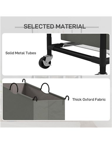 HOMCOM 126L Laundry Sorter, Rolling Wash Basket with Hanging Rail and Mobile 3-Bag Organiser for Bedroom, Bathroom, Laundry Room
