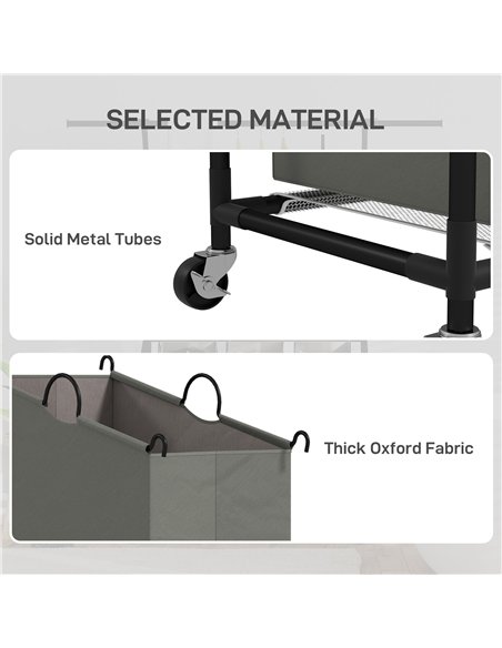 HOMCOM 126L Laundry Sorter, Rolling Wash Basket with Hanging Rail and Mobile 3-Bag Organiser for Bedroom, Bathroom, Laundry Room - pic 154254 | FastDaddyshop