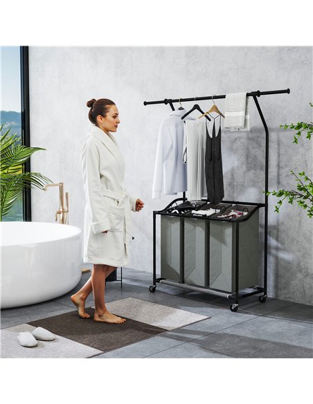 HOMCOM 126L Laundry Sorter, Rolling Wash Basket with Hanging Rail and Mobile 3-Bag Organiser for Bedroom, Bathroom, Laundry Room - pic 154255 | FastDaddyshop