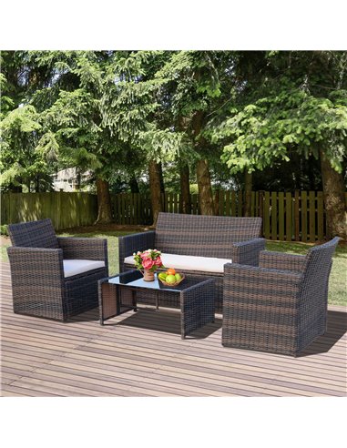 Outsunny 4 Pieces PE Rattan Garden Sofa Set with Loveseat, Armchairs and Coffee Table, Brown