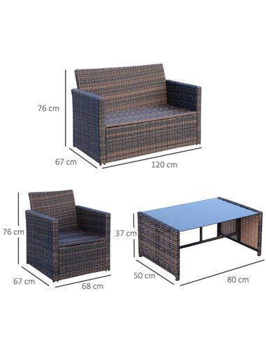 Outsunny 4-Seater Rattan Garden Sofa Set Outdoor Patio Wicker Weave 2-seater Bench Chairs & Coffee Table Conservatory, Brown
