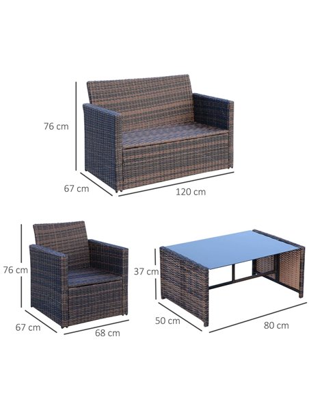 Outsunny 4-Seater Rattan Garden Sofa Set Outdoor Patio Wicker Weave 2-seater Bench Chairs & Coffee Table Conservatory, Brown - pic 15429 | FastDaddyshop