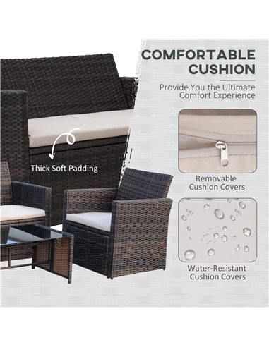 Outsunny 4-Seater Rattan Garden Sofa Set Outdoor Patio Wicker Weave 2-seater Bench Chairs & Coffee Table Conservatory, Brown