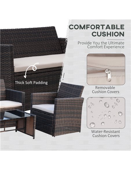 Outsunny 4-Seater Rattan Garden Sofa Set Outdoor Patio Wicker Weave 2-seater Bench Chairs & Coffee Table Conservatory, Brown - pic 15431 | FastDaddyshop