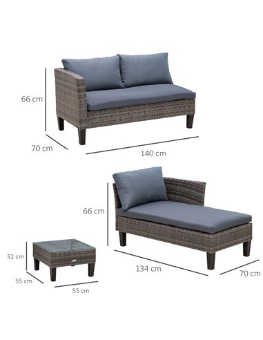 Outsunny 4-Seater PE Rattan Garden Sofa Set with 2 Seats, Coffee Table, Grey
