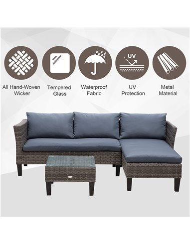 Outsunny 4-Seater PE Rattan Garden Sofa Set with 2 Seats, Coffee Table, Grey