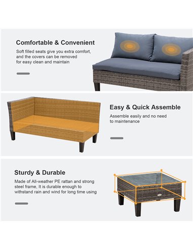 Outsunny 4-Seater PE Rattan Garden Sofa Set with 2 Seats, Coffee Table, Grey