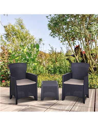 Outsunny 3 PCS Rattan Effect Garden Bistro Set with 2 Chairs & Coffee Table, Dark Brown