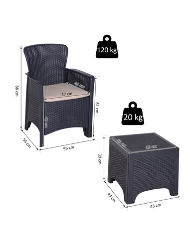 Outsunny 3 PCS Rattan Effect Garden Bistro Set with 2 Chairs & Coffee Table, Dark Brown