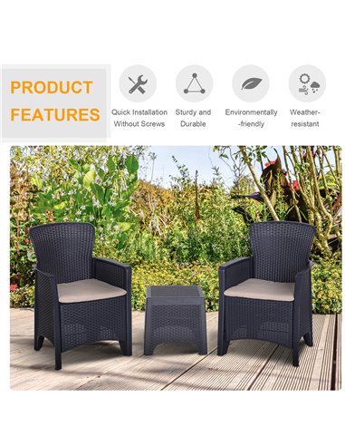 Outsunny 3 PCS Rattan Effect Garden Bistro Set with 2 Chairs & Coffee Table, Dark Brown