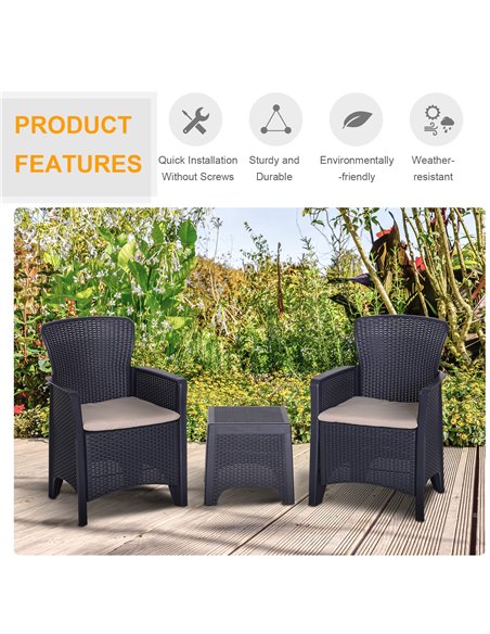 Outsunny 3 PCS Rattan Effect Garden Bistro Set with 2 Chairs & Coffee Table, Dark Brown - pic 15448 | FastDaddyshop