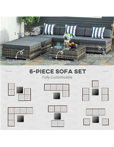 Outsunny 6 PC Rattan Sofa Coffee Table Set with Pillow Cushion, Grey