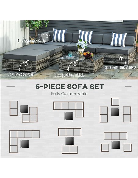 Outsunny 6 PC Rattan Sofa Coffee Table Set with Pillow Cushion, Grey - pic 15456 | FastDaddyshop