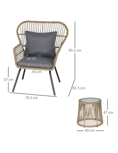 Outsunny 3 PCS PE Rattan Outdoor Dining Set with 2 Chairs, Coffee Table, Brown