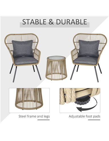 Outsunny 3 PCS PE Rattan Outdoor Dining Set with 2 Chairs, Coffee Table, Brown