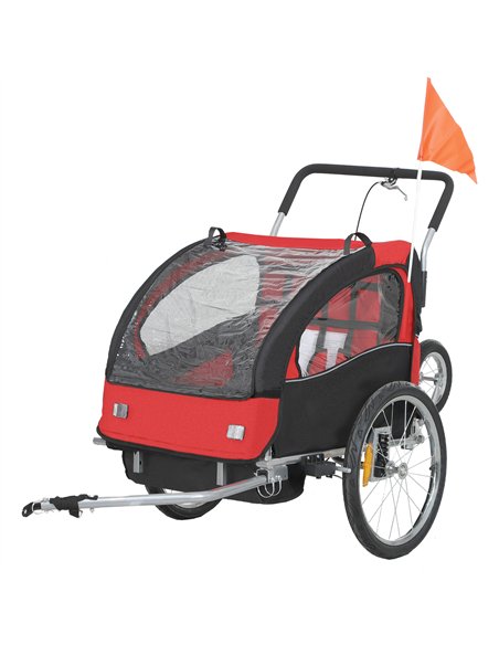 HOMCOM 2 Seat Bike Trailer with 5 Point Harness, Baby Bike Stroller with Safety Flag, Reflectors, for 18+ Months, Red - pic 154707 | FastDaddyshop